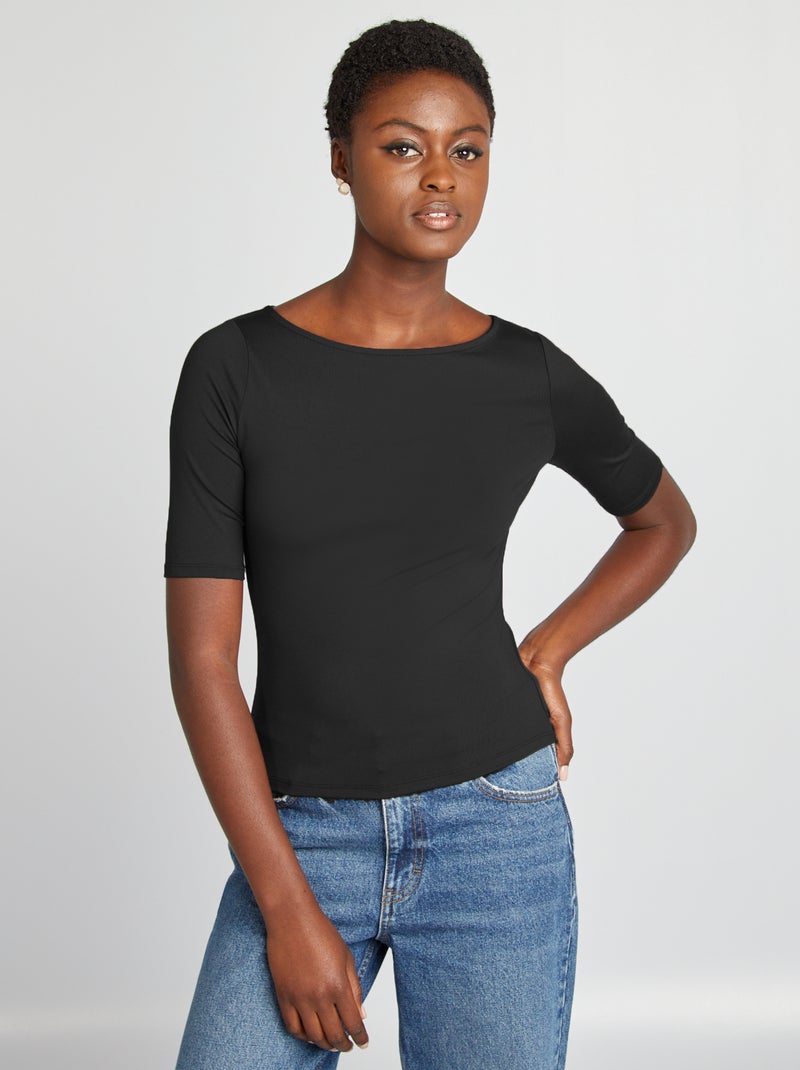 T-shirt justa com decote barco Preto - Kiabi
