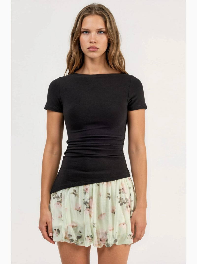 T-shirt justa com fenda drapeada manga curta busem Preto - Kiabi