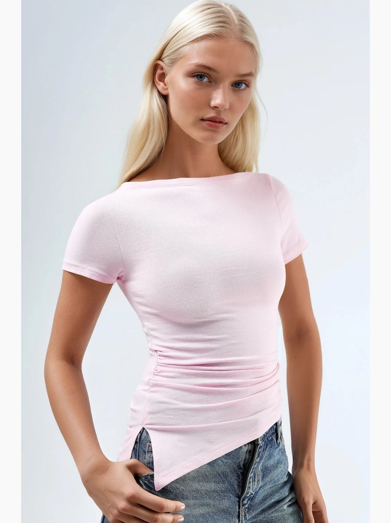 T-shirt justa com fenda drapeada manga curta busem Rosa-pálido - Kiabi