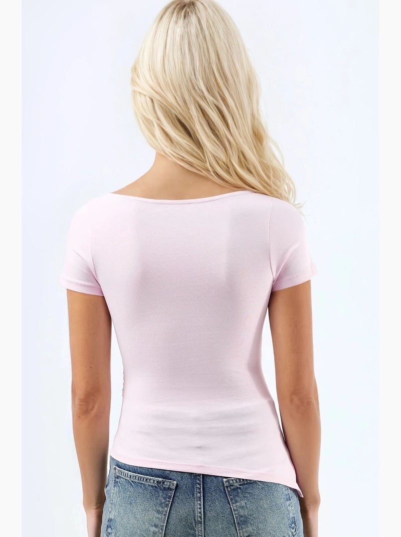 T-shirt justa com fenda drapeada manga curta busem Rosa-pálido - Kiabi
