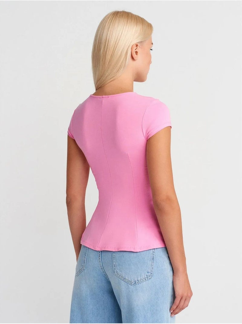 T-shirt justa de gola redonda com folhos dilvin Rosa-fluo/Solinotes - Kiabi