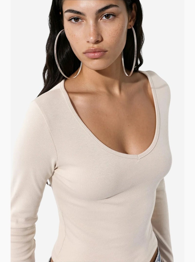 T-shirt justa gola v manga comprida busem Creme - Kiabi