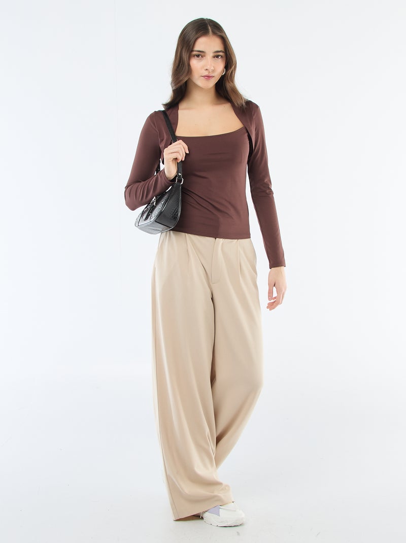 T-shirt justo liso de mangas compridas e gola quadrada Castanho - Kiabi