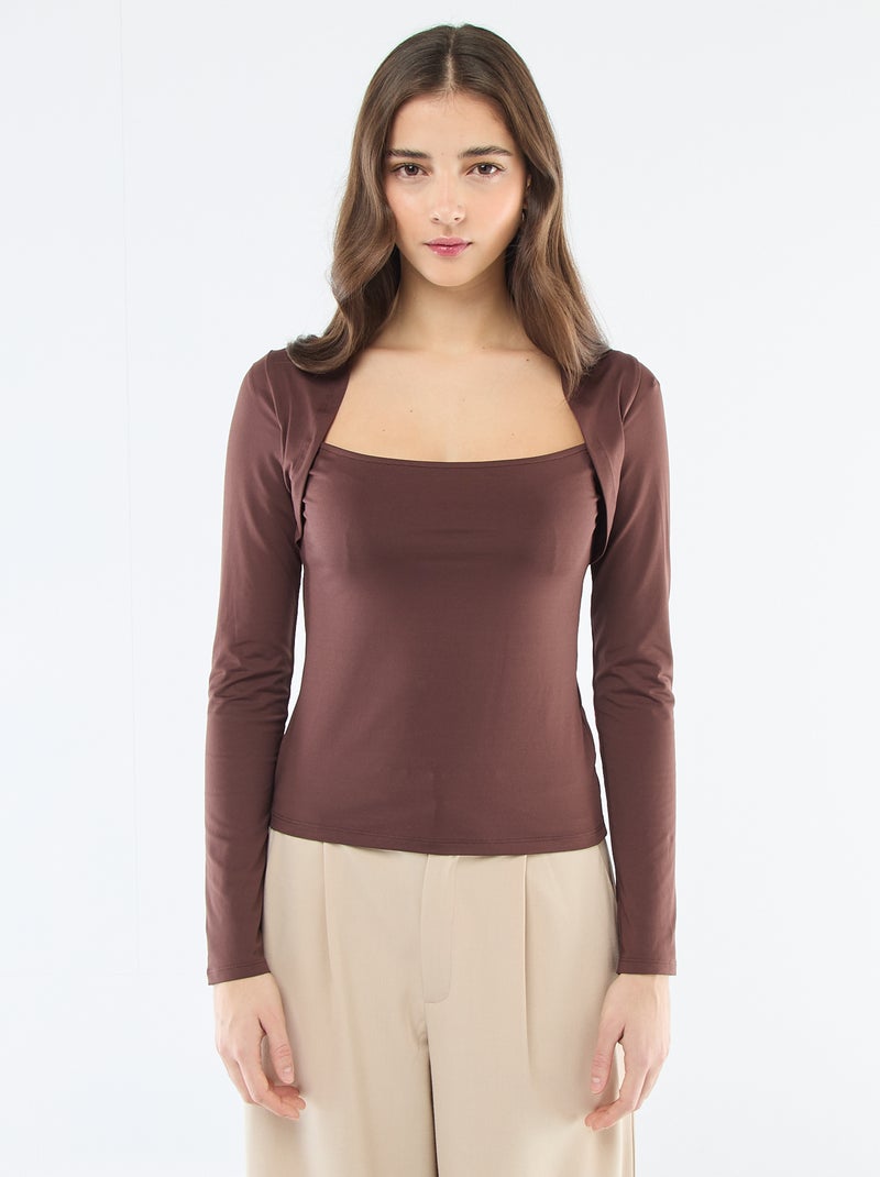 T-shirt justo liso de mangas compridas e gola quadrada Castanho - Kiabi