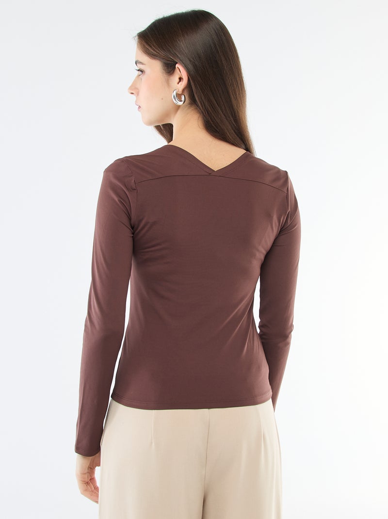 T-shirt justo liso de mangas compridas e gola quadrada Castanho - Kiabi