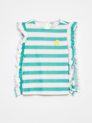 T-shirt leve colorida com mangas com folhos