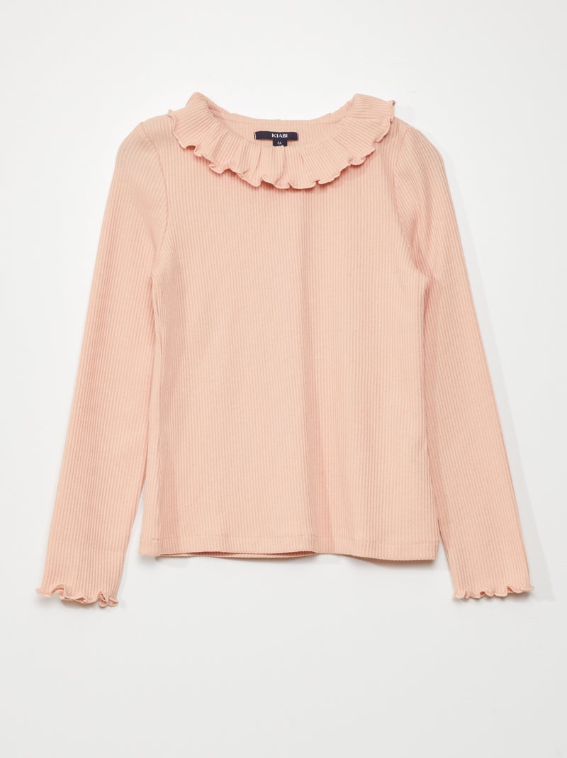 T-shirt leve em malha nervurada com estampado ROSA - Kiabi