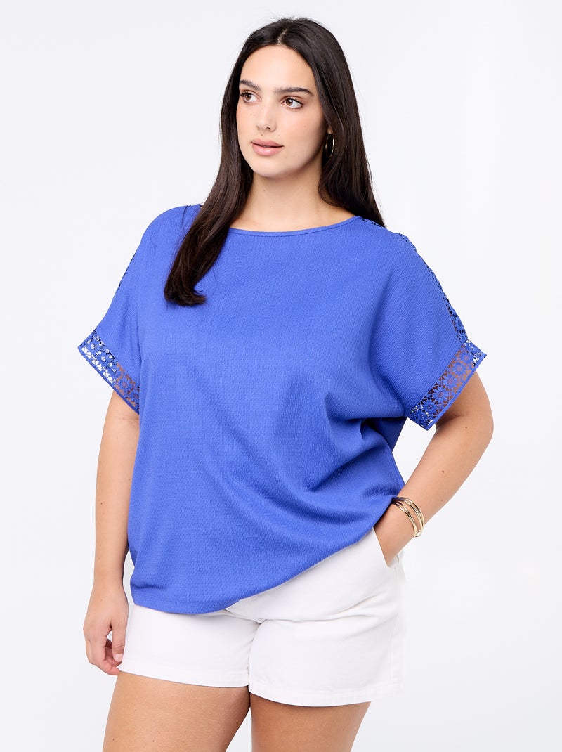 T-shirt lisa com bordado e macramé nas mangas Azul - Kiabi