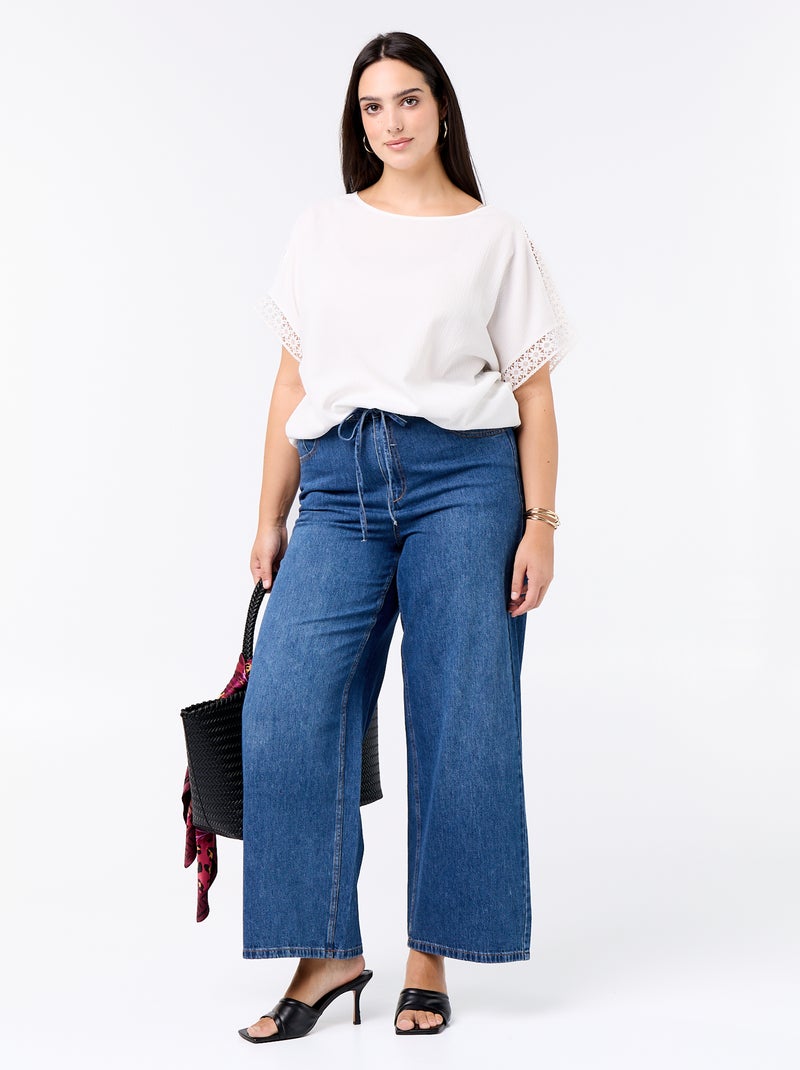 T-shirt lisa com bordado e macramé nas mangas Branco - Kiabi
