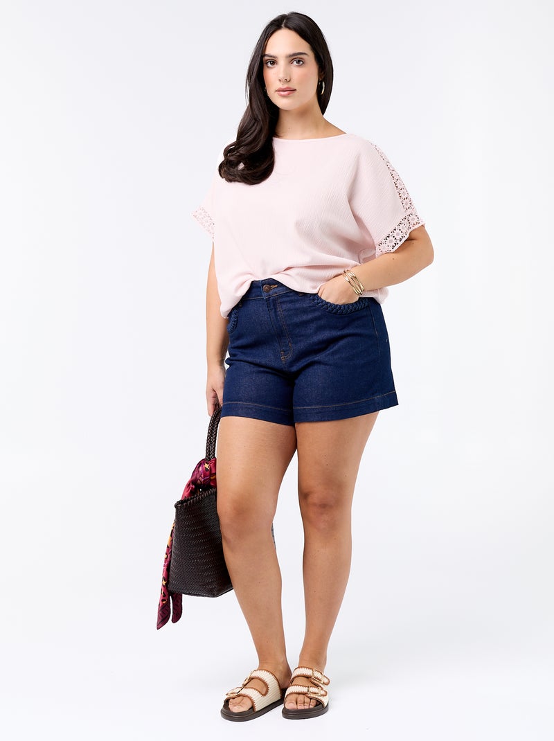 T-shirt lisa com bordado e macramé nas mangas Rosa - Kiabi