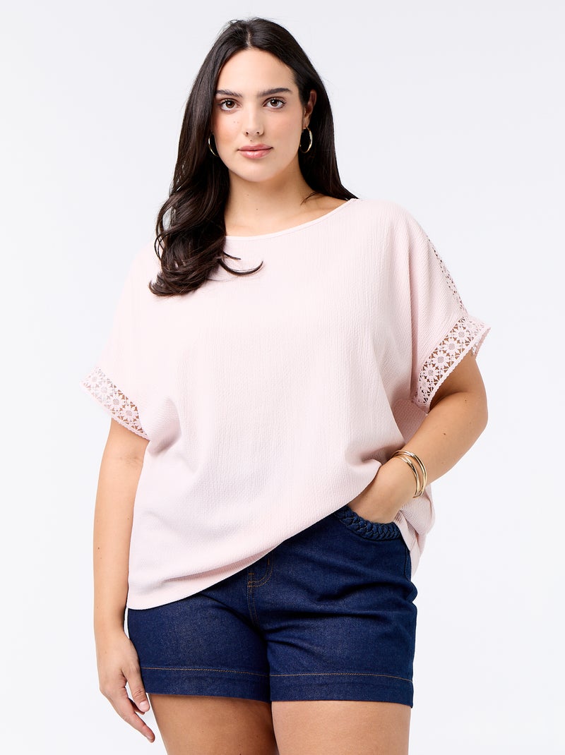 T-shirt lisa com bordado e macramé nas mangas Rosa - Kiabi