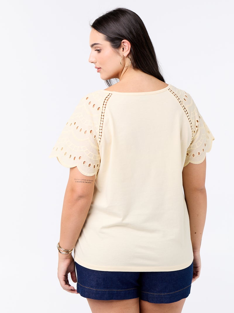 T-shirt lisa com bordados nas mangas Bege - Kiabi