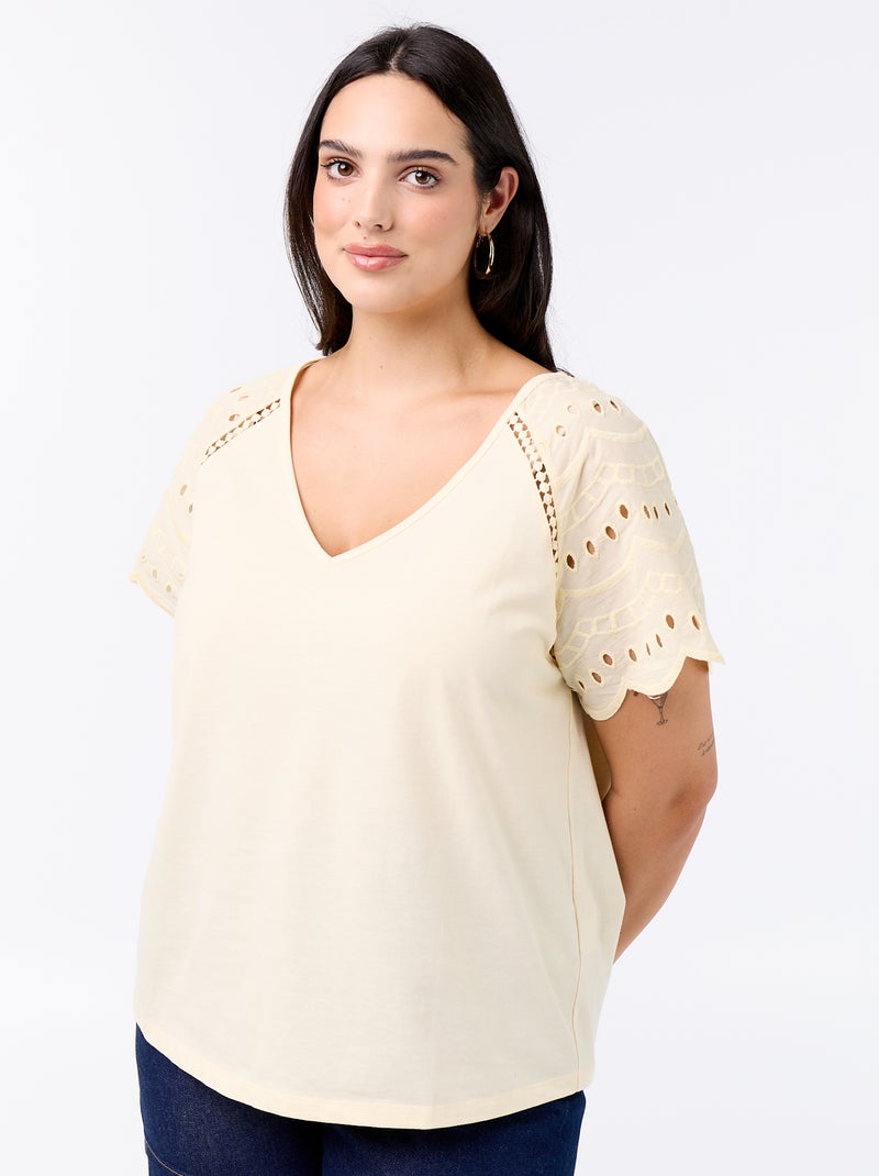 T-shirt lisa com bordados nas mangas Bege - Kiabi