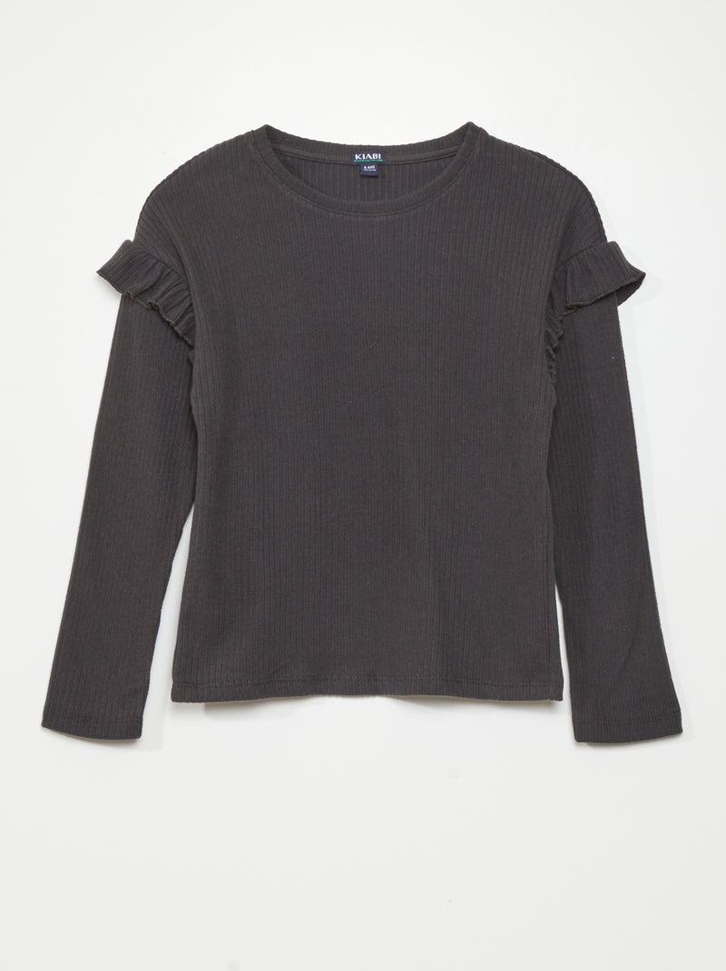 T-shirt lisa com folhos nos ombros Preto - Kiabi