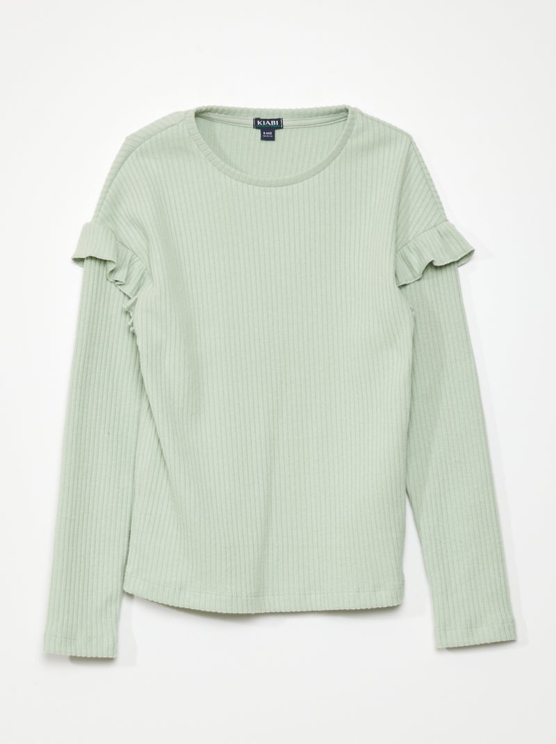 T-shirt lisa com folhos nos ombros Verde - Kiabi