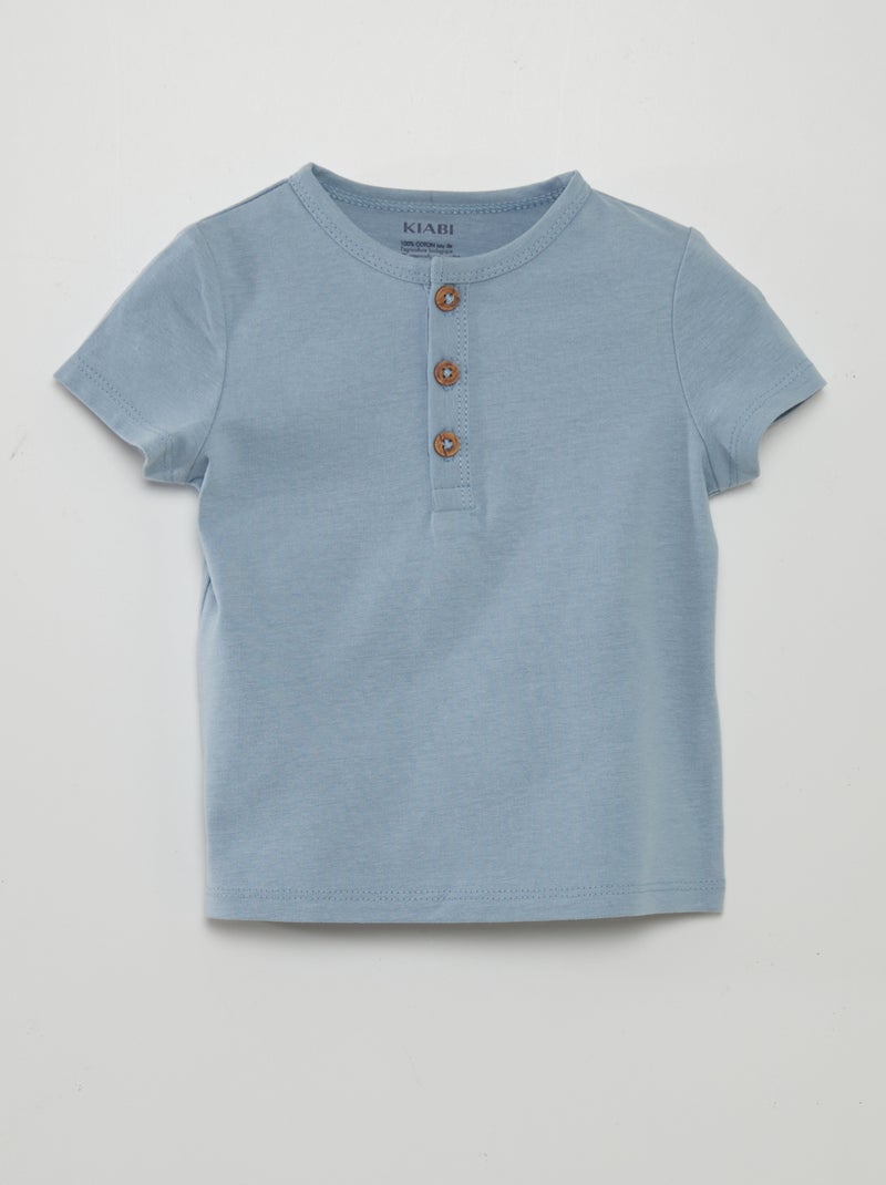 T-shirt lisa com gola com botões AZUL - Kiabi