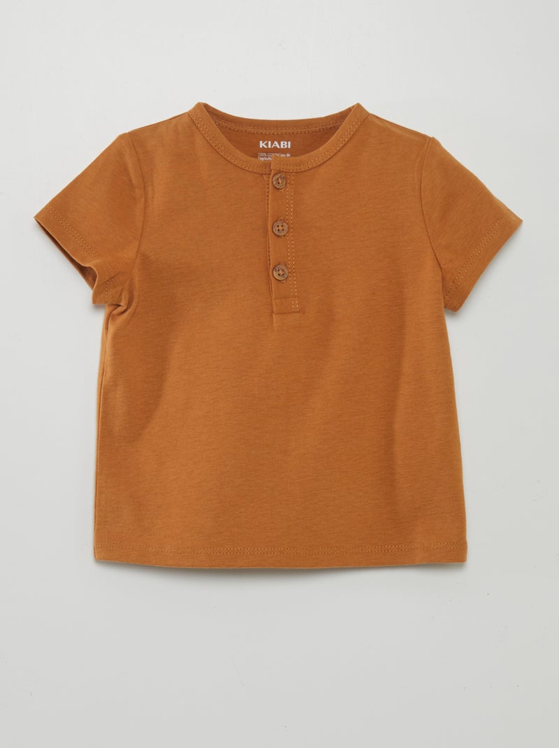 T-shirt lisa com gola com botões LARANJA - Kiabi