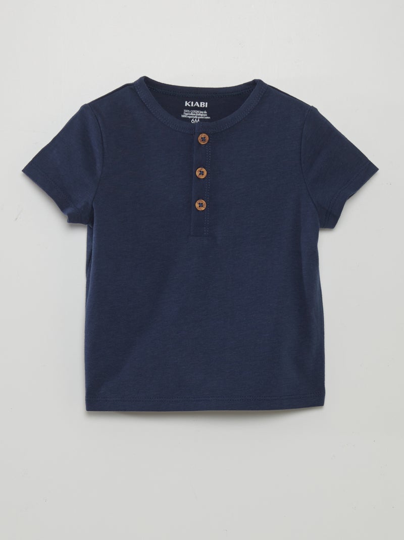 T-shirt lisa com gola com botões PRETO - Kiabi