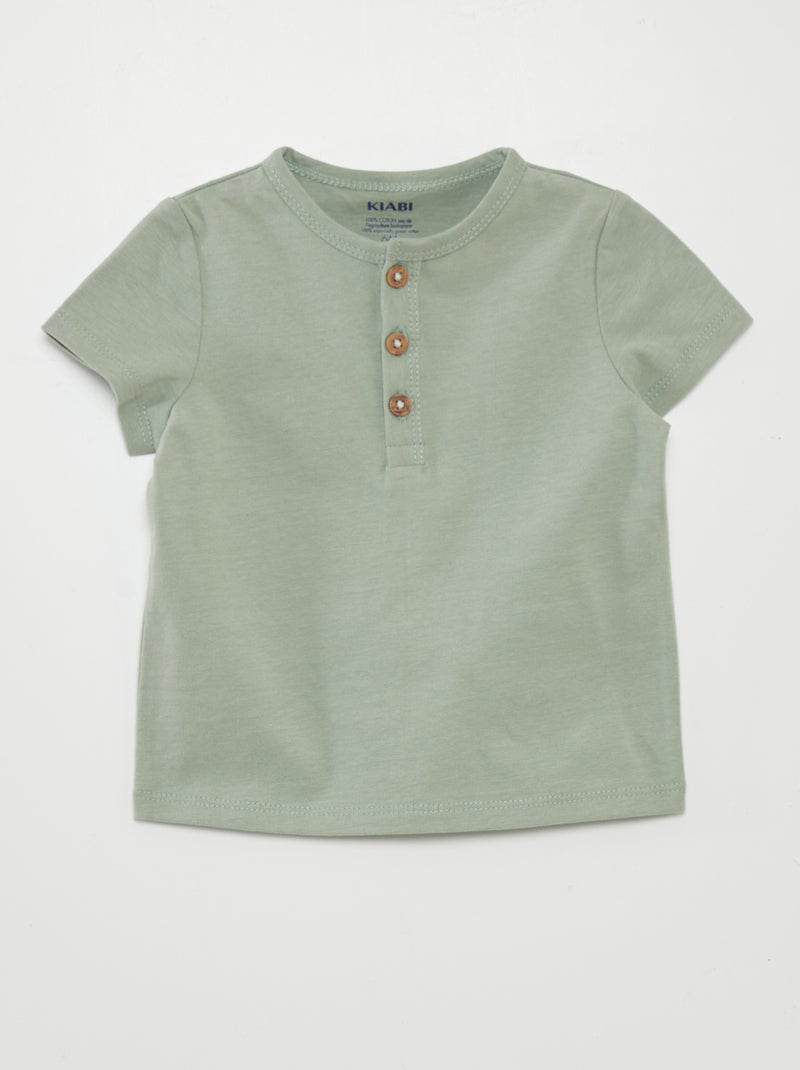 T-shirt lisa com gola com botões VERDE - Kiabi