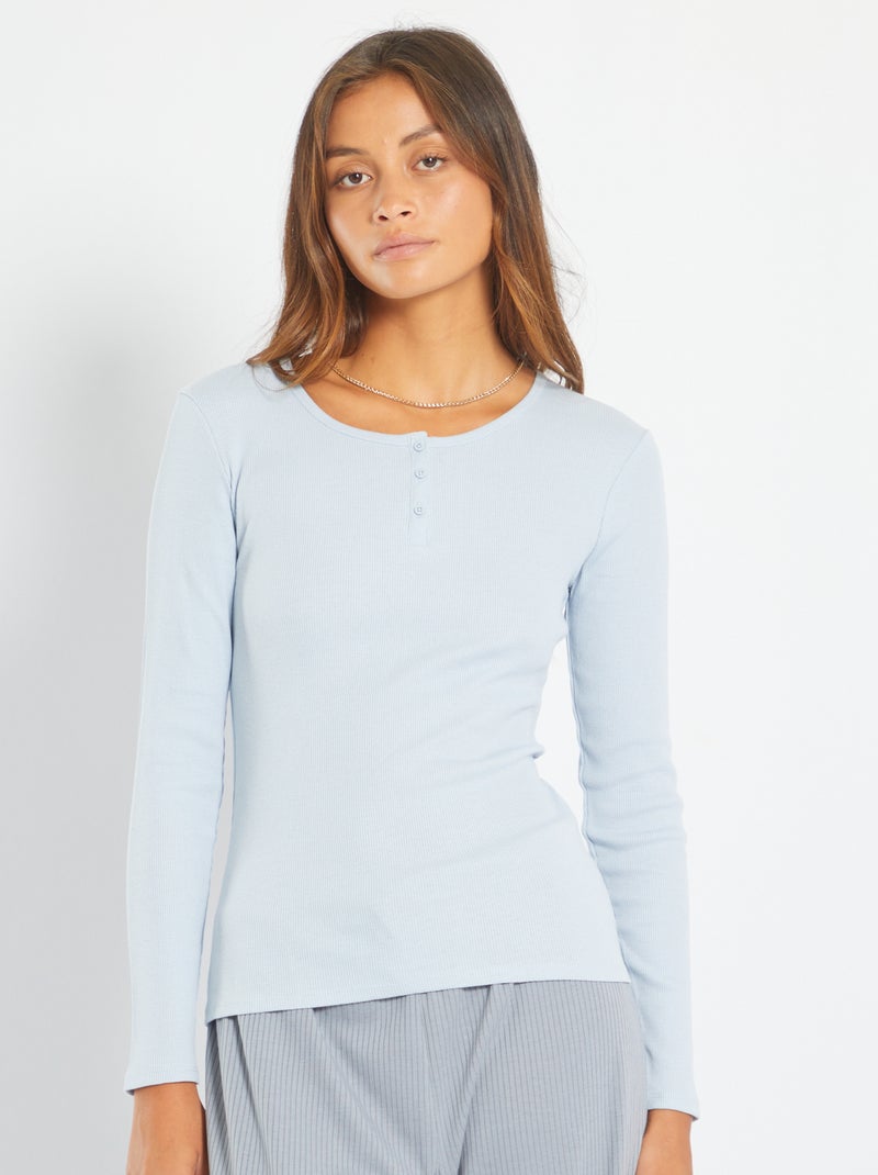 T-shirt lisa com gola tunisiana AZUL - Kiabi