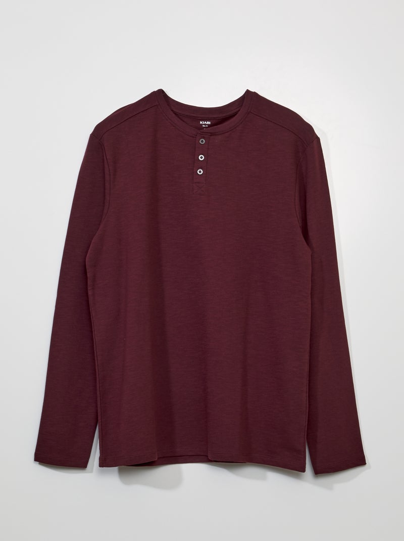 T-shirt lisa com gola tunisina  - Bordô escuro - Kiabi