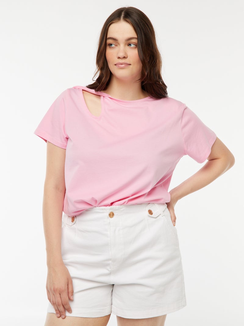 T-shirt lisa com racha ajurada e efeito twist Rosa - Kiabi