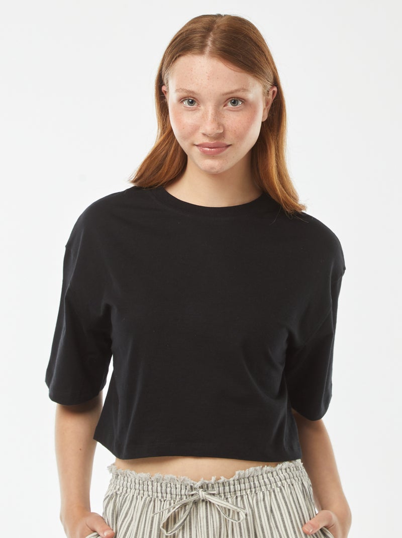 T-shirt lisa corte curto e manga curta Preto - Kiabi