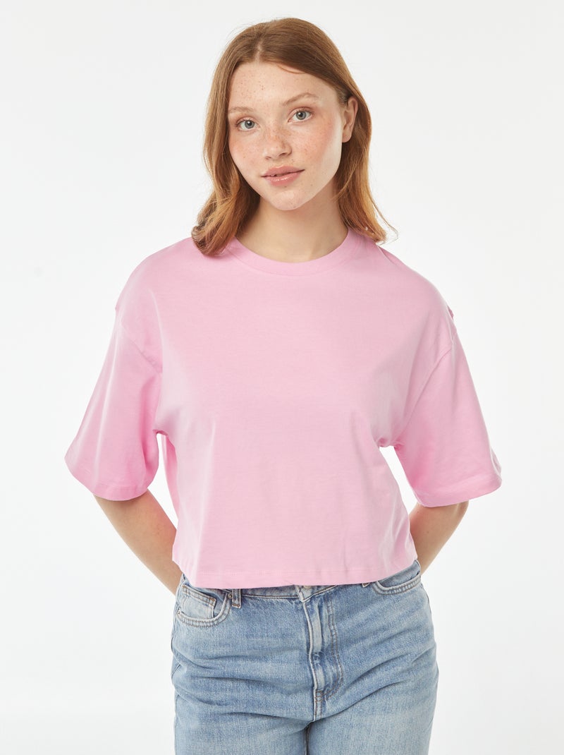 T-shirt lisa corte curto e manga curta Rosa - Kiabi
