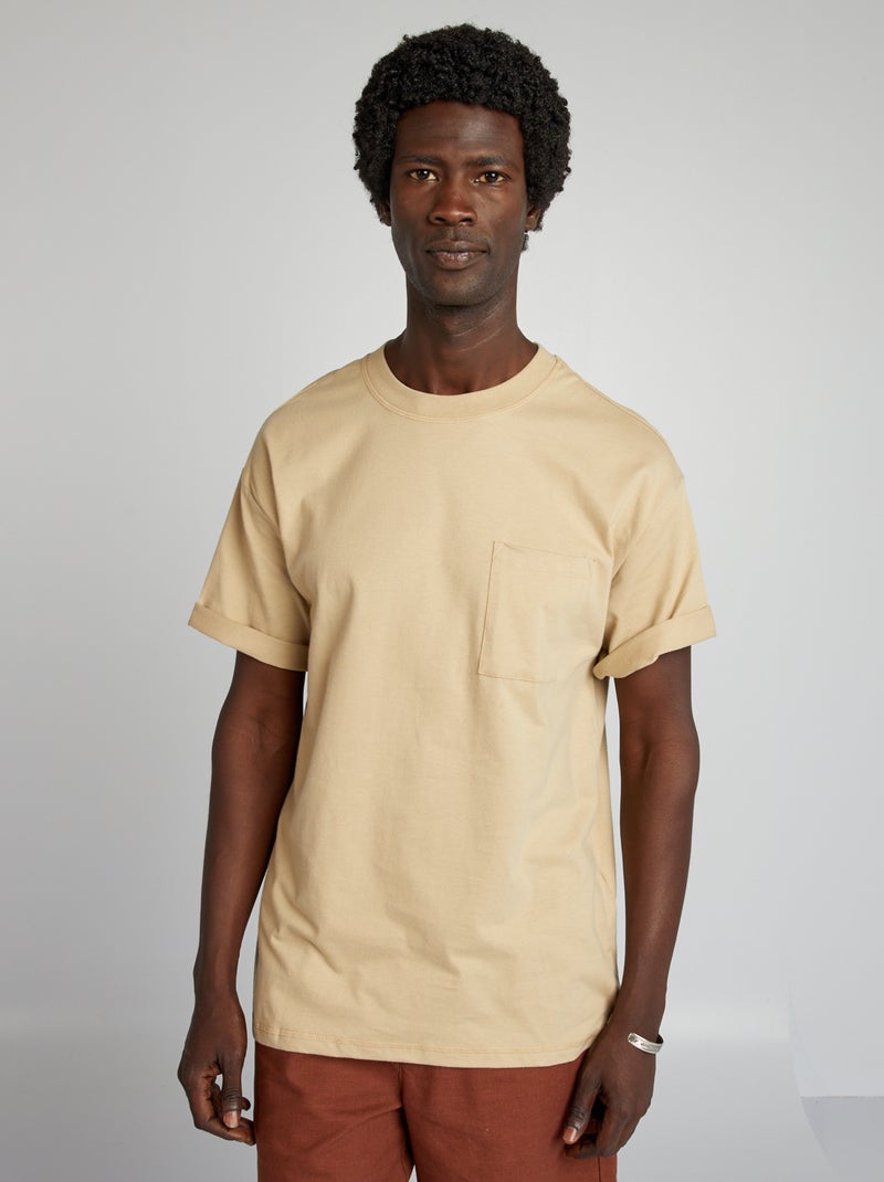 T-shirt lisa de corte largo BEGE - Kiabi