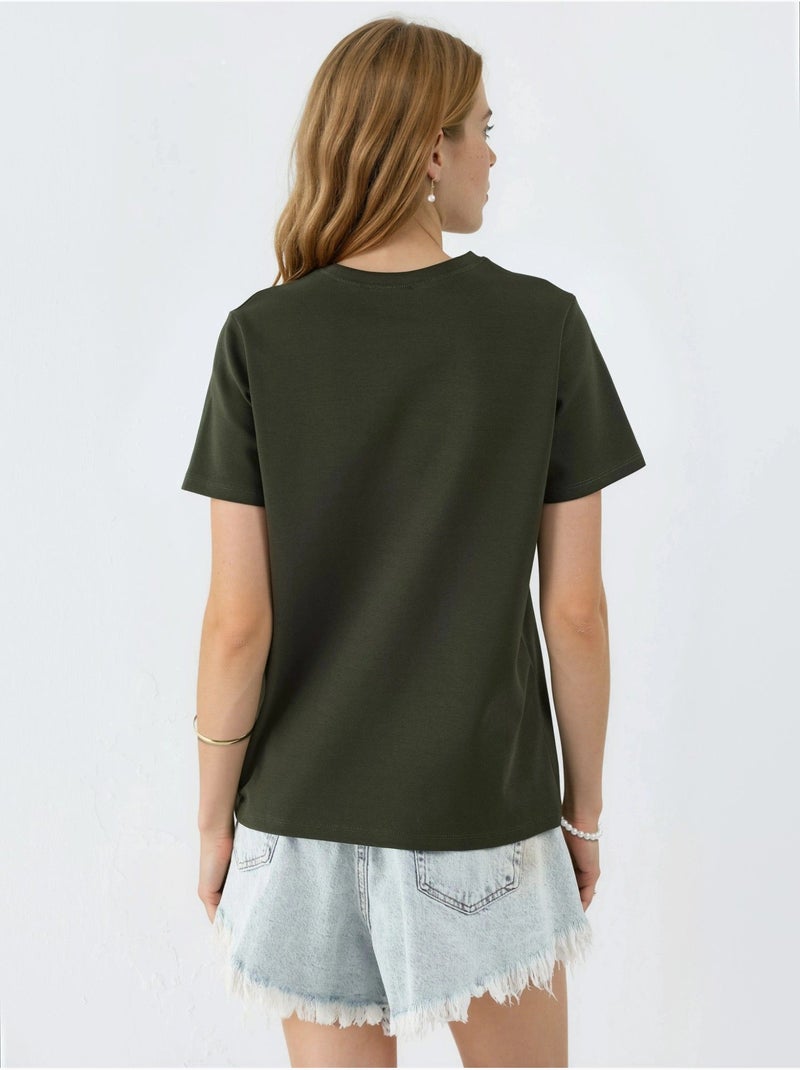 T-shirt lisa de gola redonda busem Cáqui - Kiabi