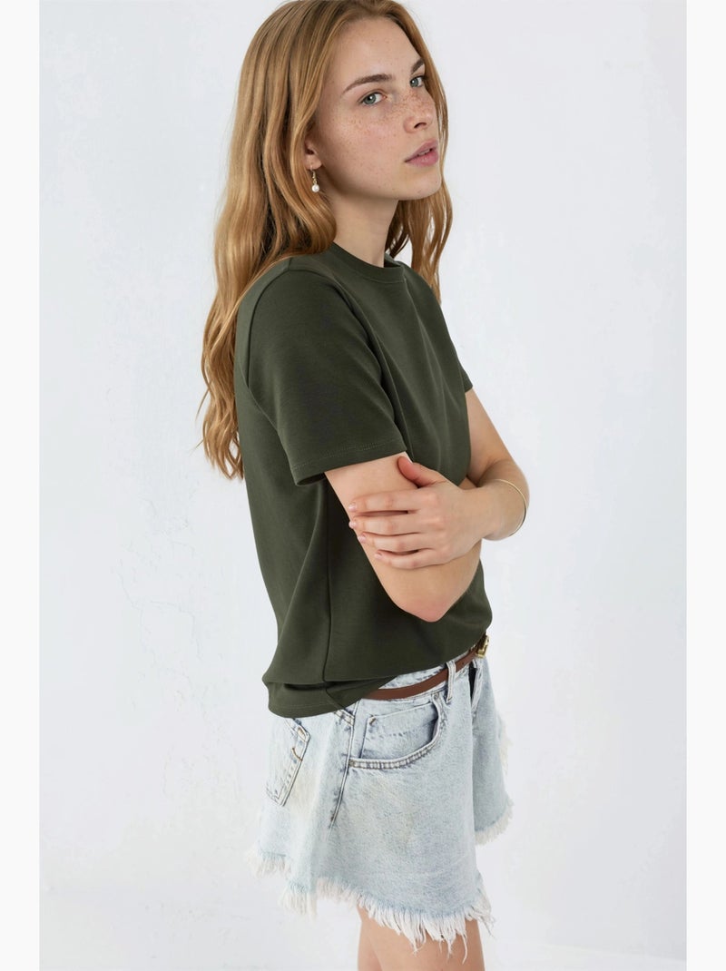 T-shirt lisa de gola redonda busem Cáqui - Kiabi