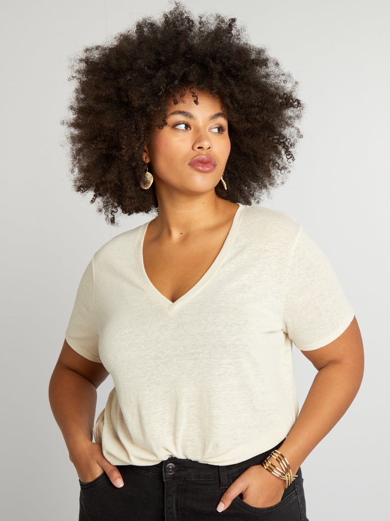 T-shirt lisa de linho misturado BEGE - Kiabi