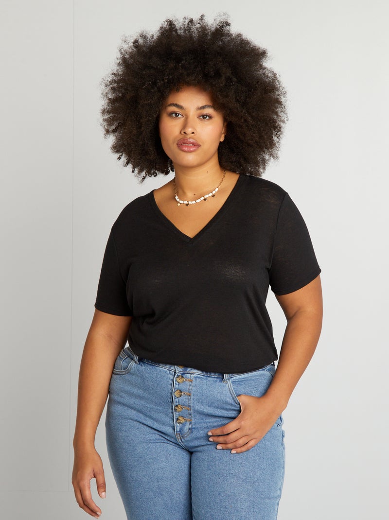 T-shirt lisa de linho misturado Preto - Kiabi