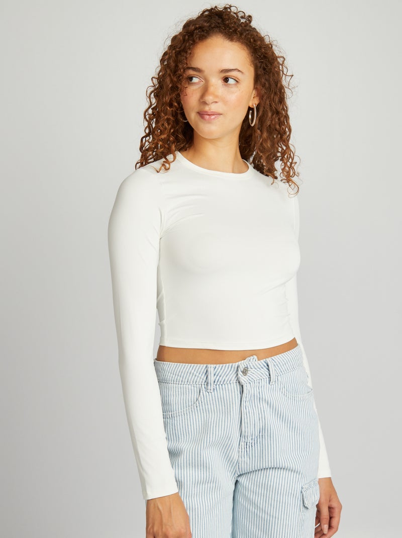 T-shirt lisa de manga comprida Branco - Kiabi