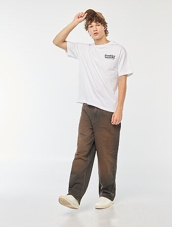 T-shirt lisa de manga comprida com estampado frente/verso