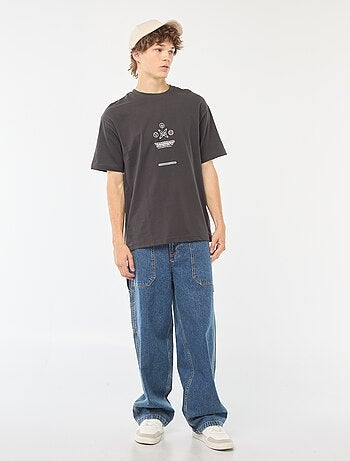 T-shirt lisa de manga comprida com estampado frente/verso