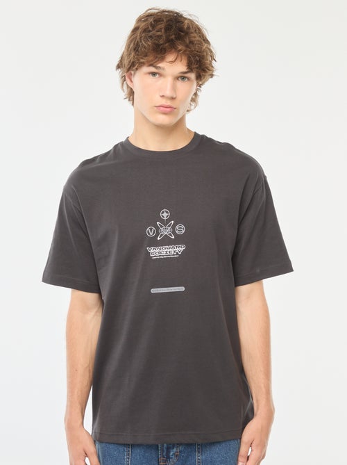 T-shirt lisa de manga comprida com estampado frente/verso - Kiabi