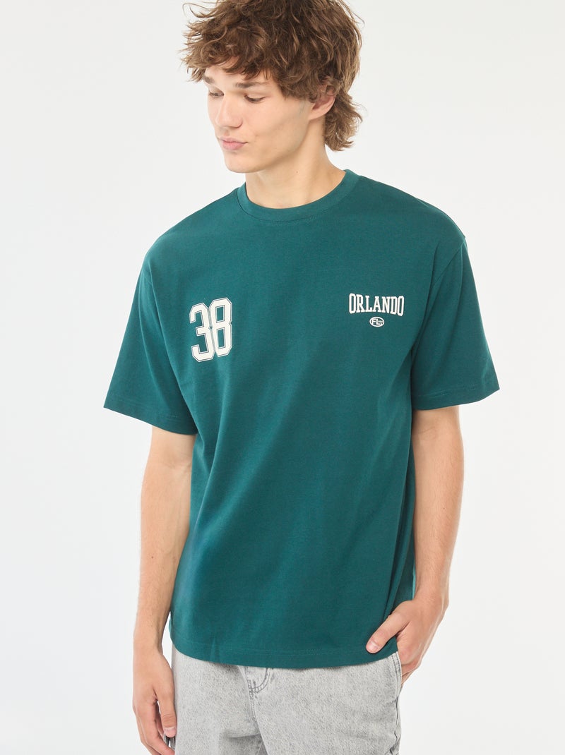 T-shirt lisa de manga comprida com estampado frente/verso Verde - Kiabi