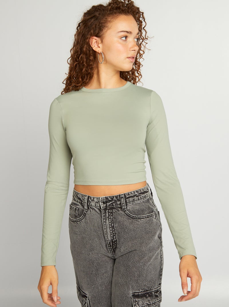 T-shirt lisa de manga comprida VERDE - Kiabi