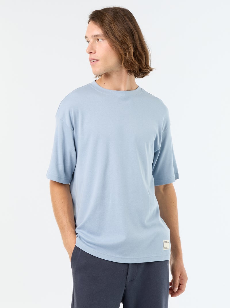 T-shirt lisa de manga curta e gola redonda Azul - Kiabi