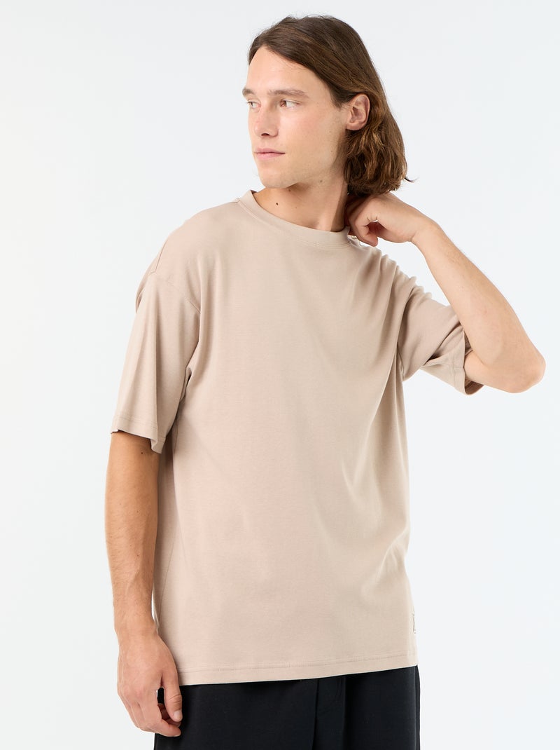 T-shirt lisa de manga curta e gola redonda Bege - Kiabi