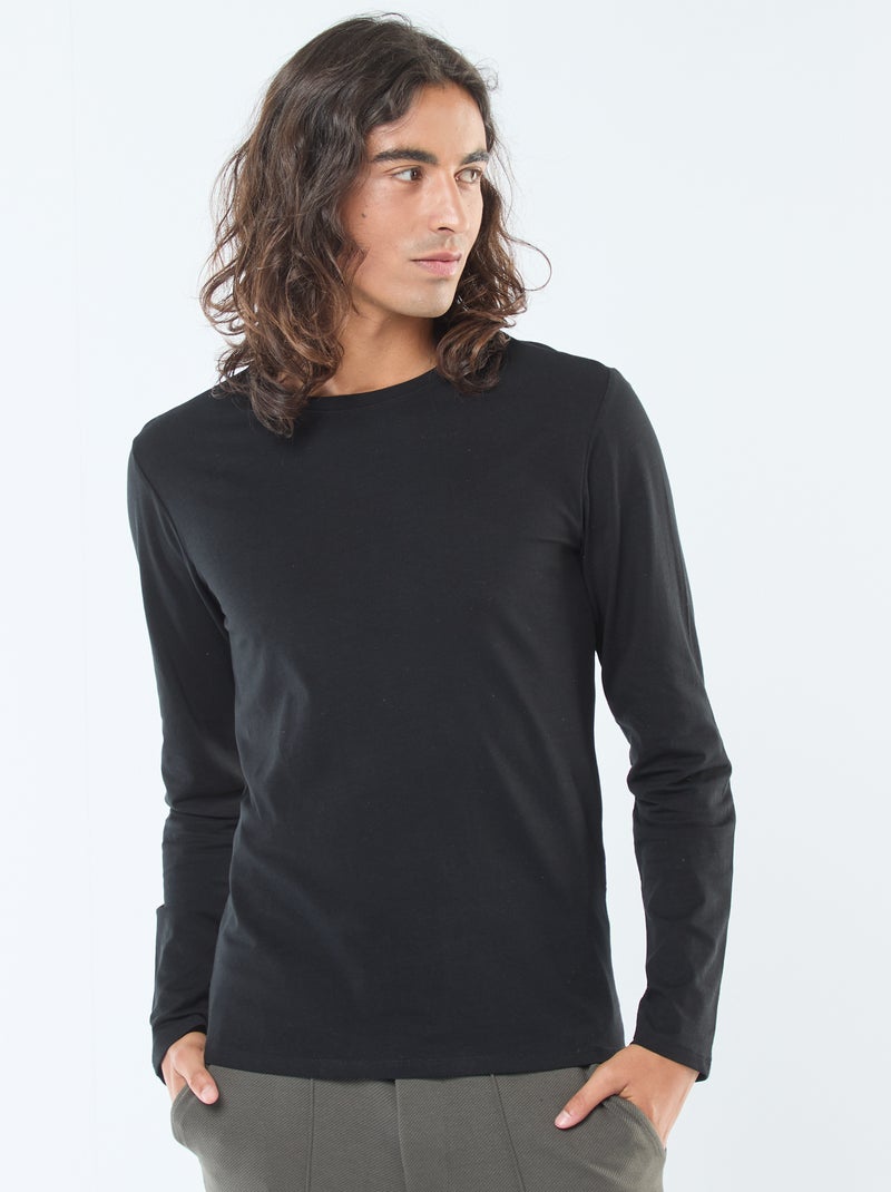 T-shirt lisa de manga curta e gola redonda Preto - Kiabi
