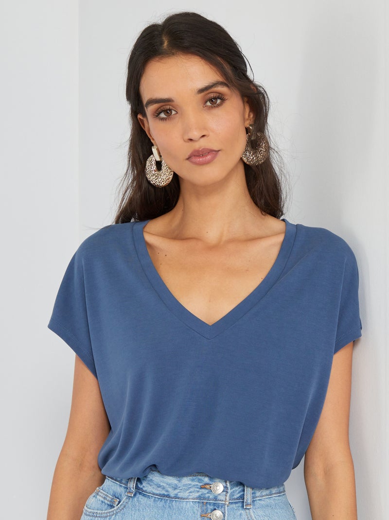 T-shirt lisa decote em bico Azul Escuro - Kiabi