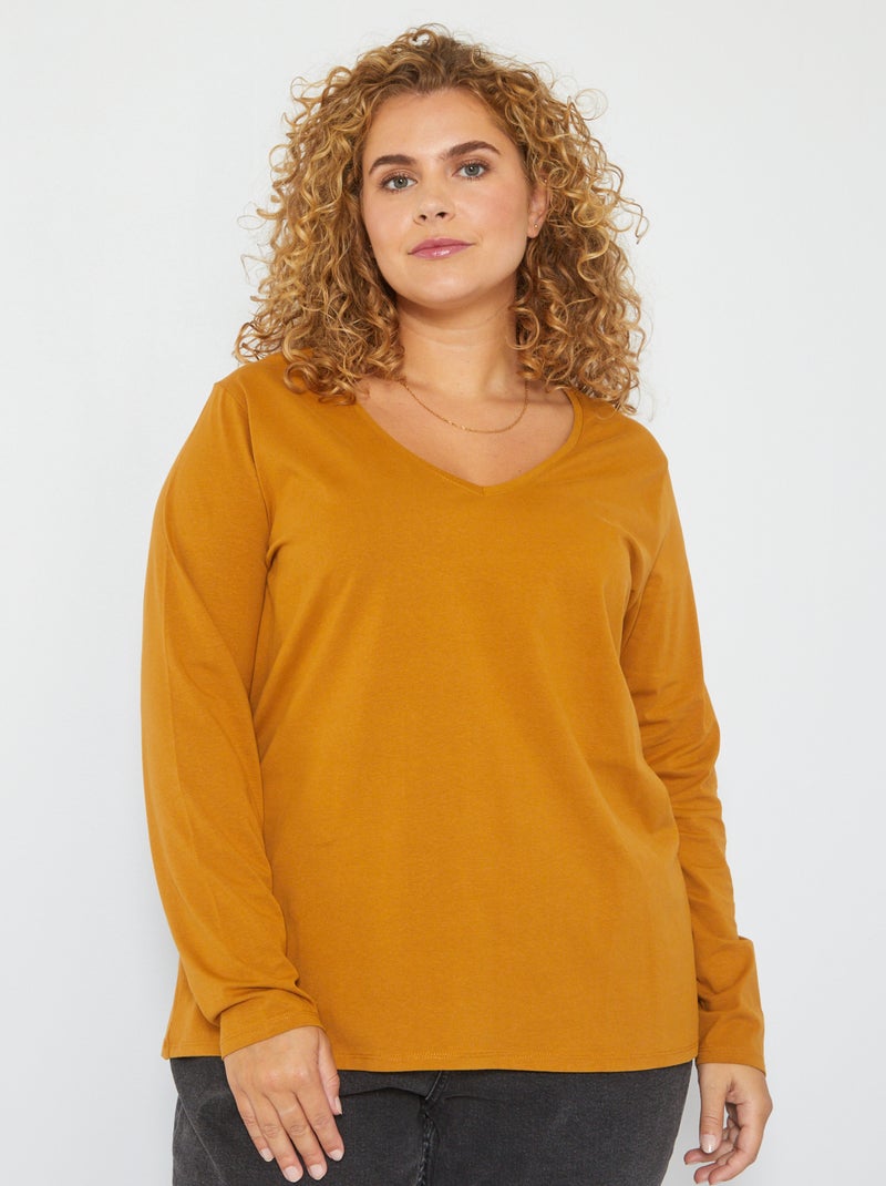 T-shirt lisa em jersey com gola em bico AMARELO - Kiabi