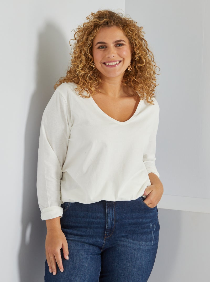 T-shirt lisa em jersey com gola em bico BRANCO - Kiabi