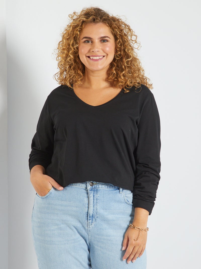 T-shirt lisa em jersey com gola em bico Preto - Kiabi