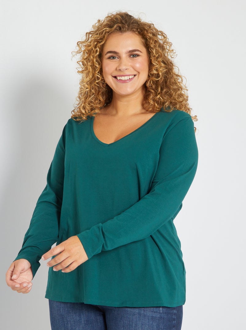 T-shirt lisa em jersey com gola em bico VERDE - Kiabi
