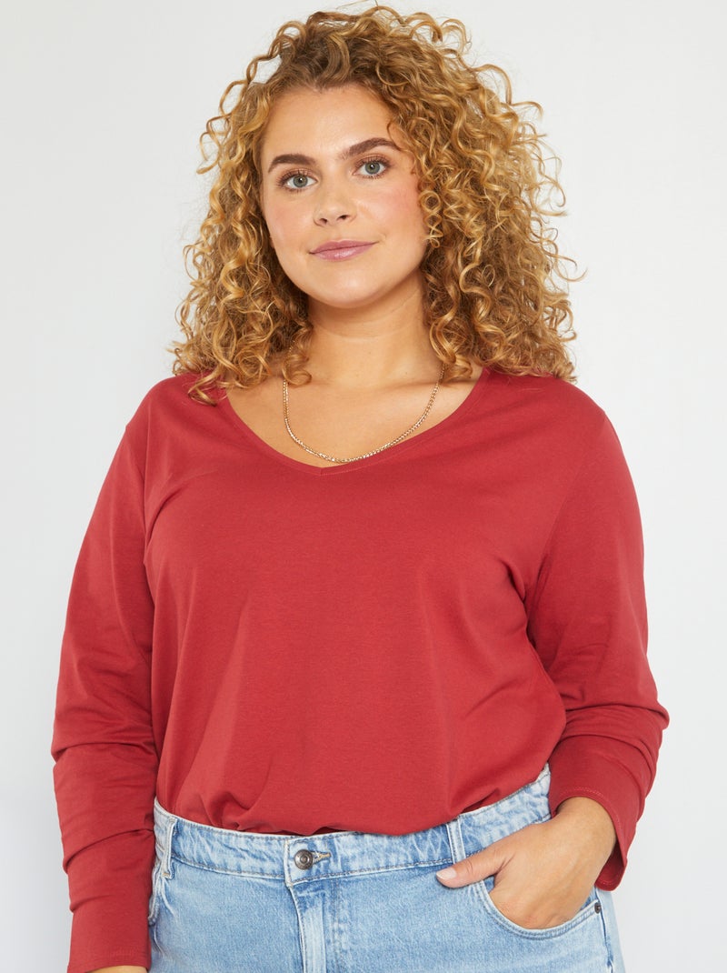 T-shirt lisa em jersey com gola em bico Vermelho - Kiabi