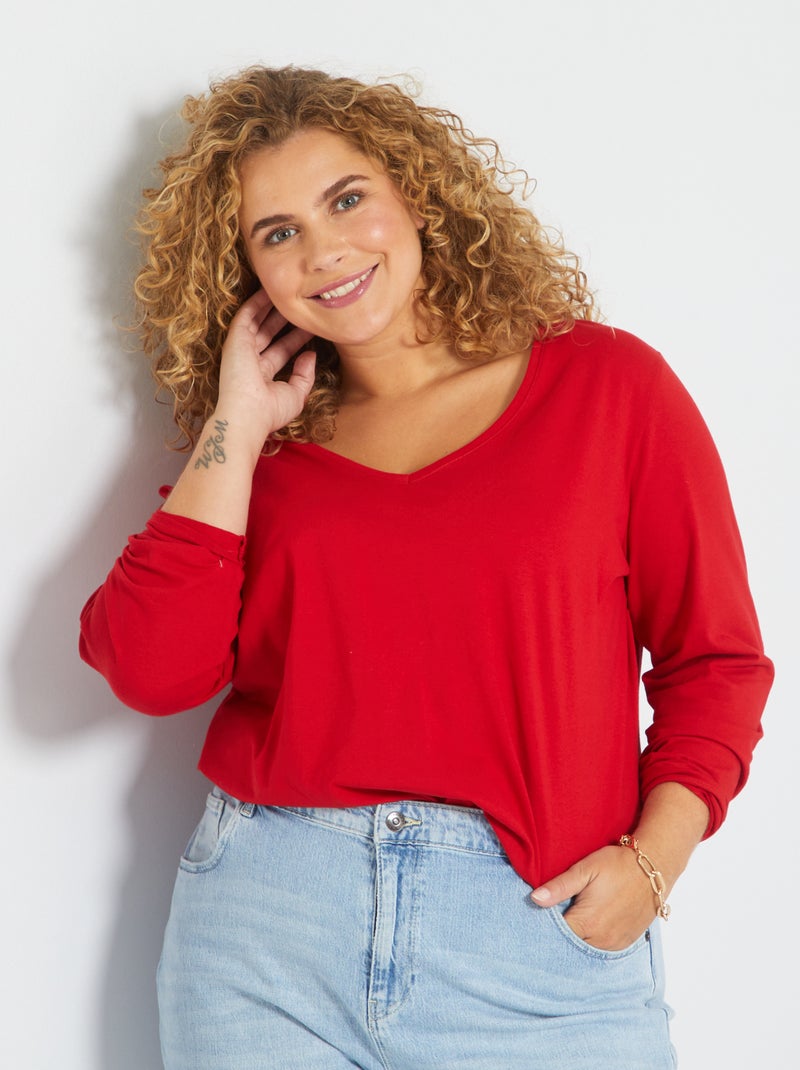 T-shirt lisa em jersey com gola em bico VERMELHO - Kiabi