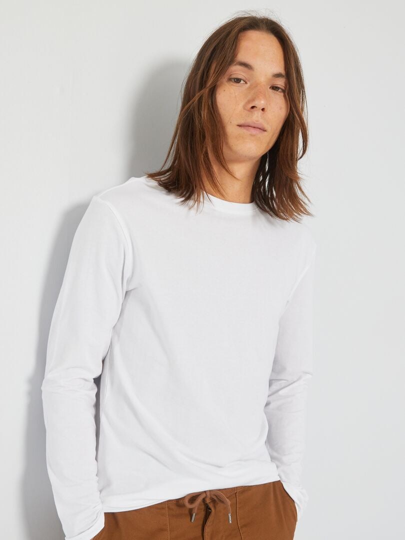 T-shirt lisa em jersey de manga comprida Branco - Kiabi